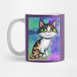 Beautiful Calico Kitty Cat on blue, green, purplish background Mug